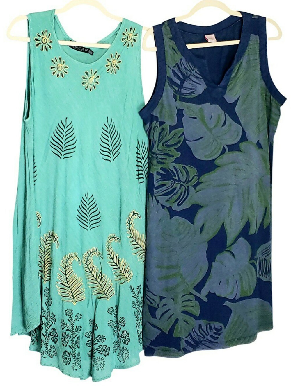 Vintage Resortwear Midi Dress Bundle Teal Rayon Tank Embroide Subtle Leaf Detail